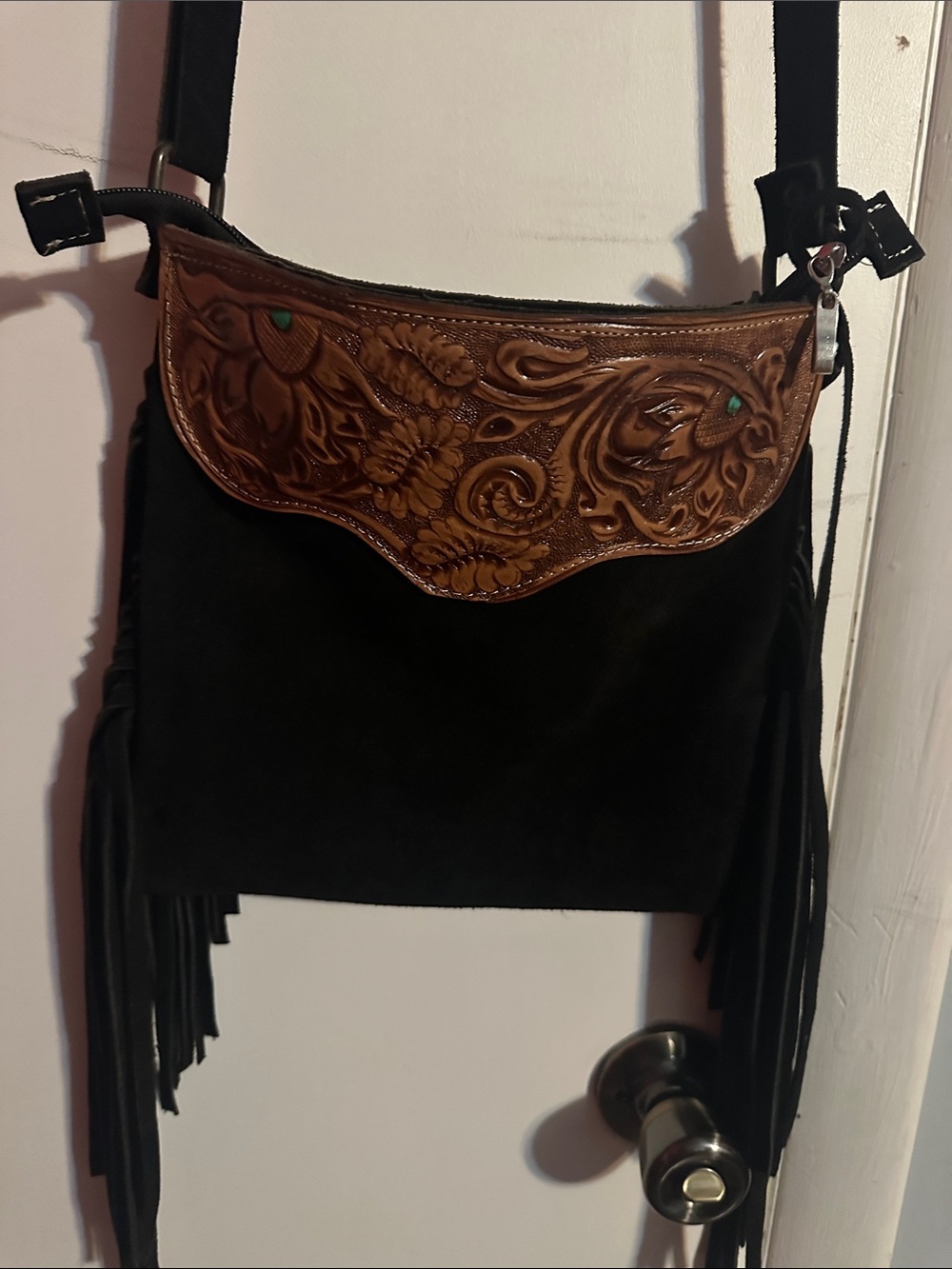 Tooled Leather Flap Fringe Crossbody Bag - Black & Brown